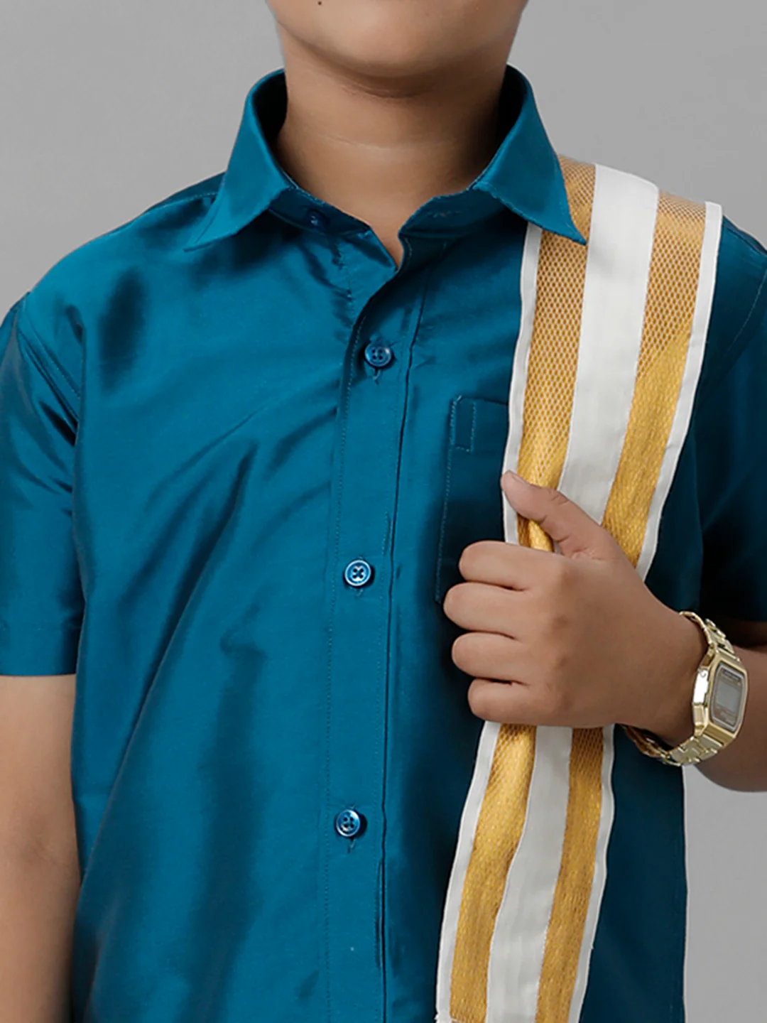 Boys Blue Half Sleeves Shirt with Cream Dhoti Towel Combo K1 - Image 4