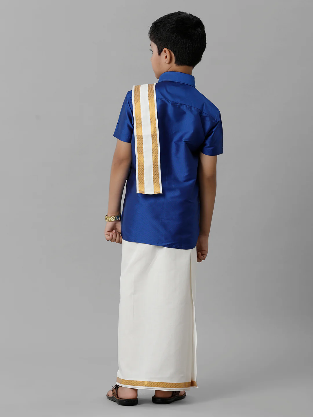 Boys Blue Half Sleeves Shirt with Cream Dhoti Towel Combo K5 - Image 3