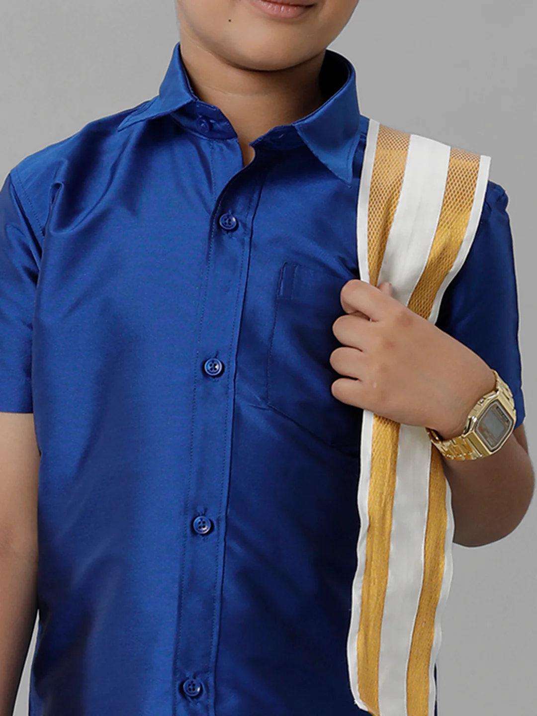 Boys Blue Half Sleeves Shirt with Cream Dhoti Towel Combo K5 - Image 4