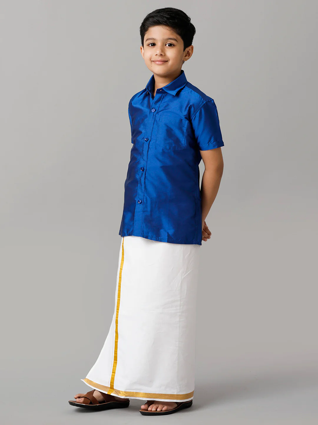 Boys Blue Half Sleeves Shirt with White Dhoti Combo K5 - Image 3