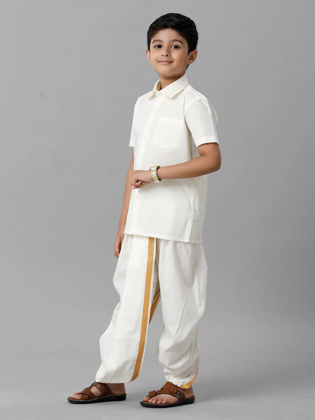Boys Cotton Cream Half Sleeves Shirt Panchakacham Combo - Image 3