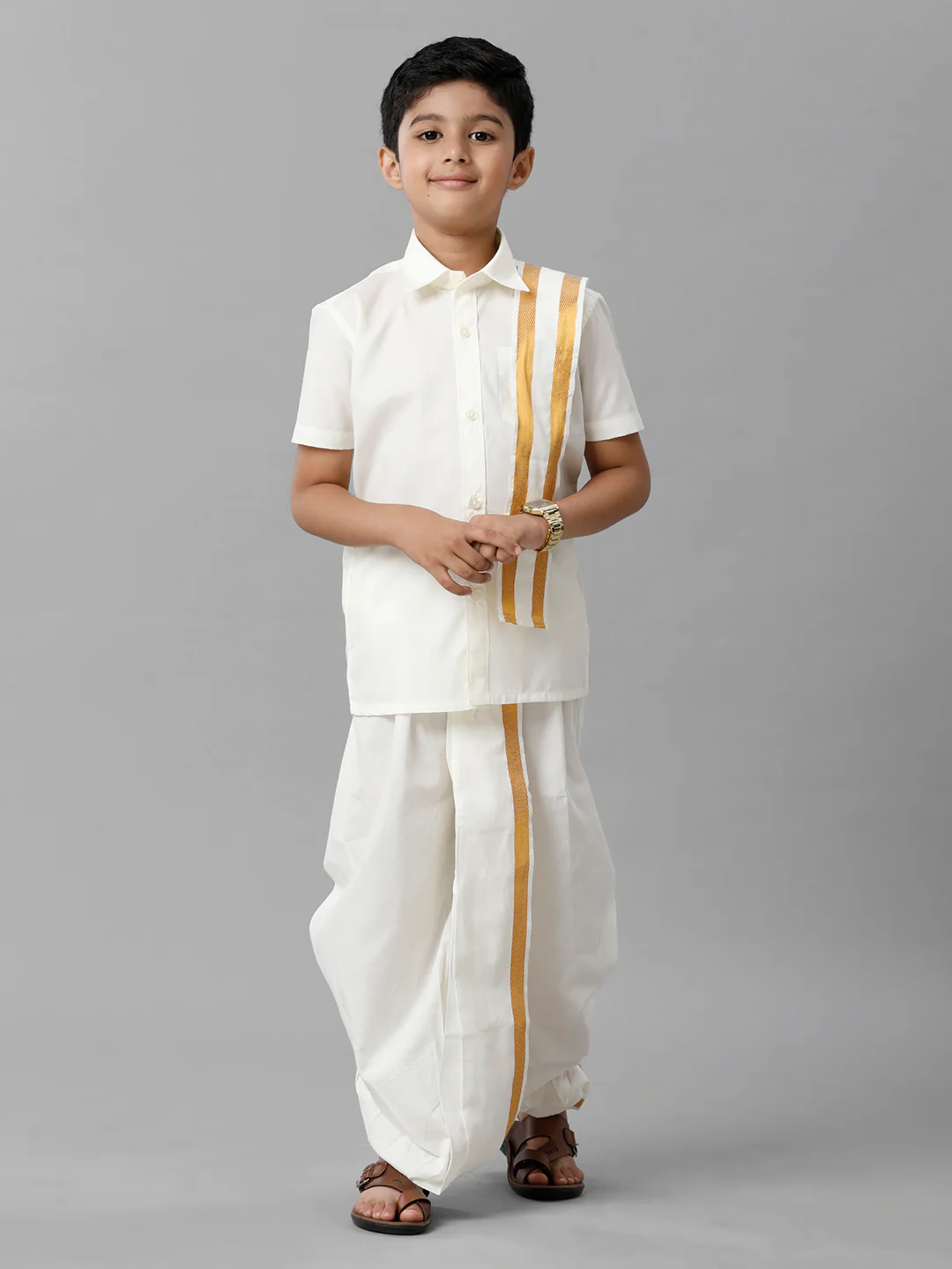 Boys Cotton Cream Half Sleeves Shirt Panchakacham Towel Combo - Image 3