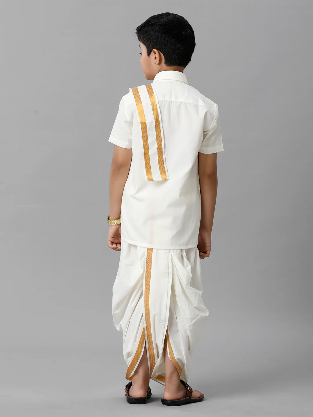 Boys Cotton Cream Half Sleeves Shirt Panchakacham Towel Combo - Image 4
