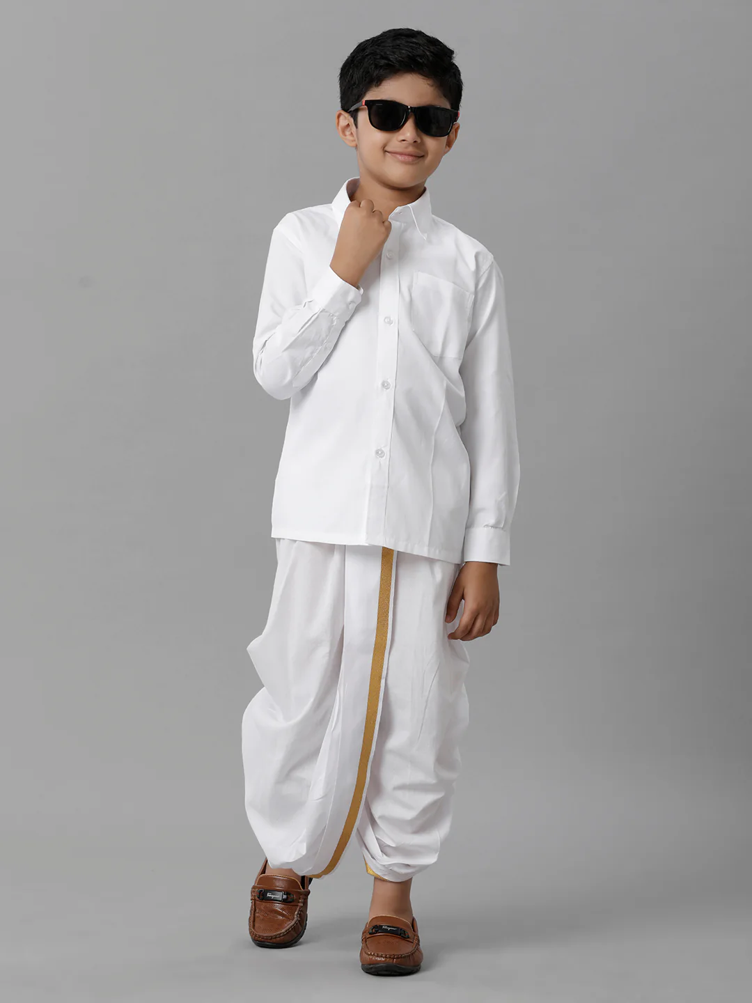 Boys Cotton White Full Sleeves Shirt Panchakacham Combo - Image 2