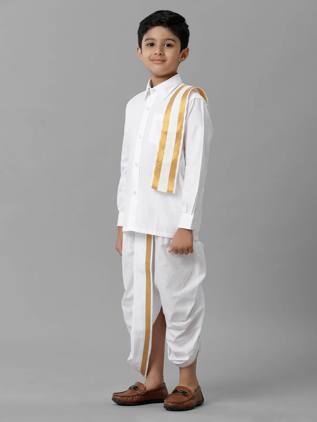 Boys Cotton White Full Sleeves Shirt Panchakacham Towel Combo - Image 4
