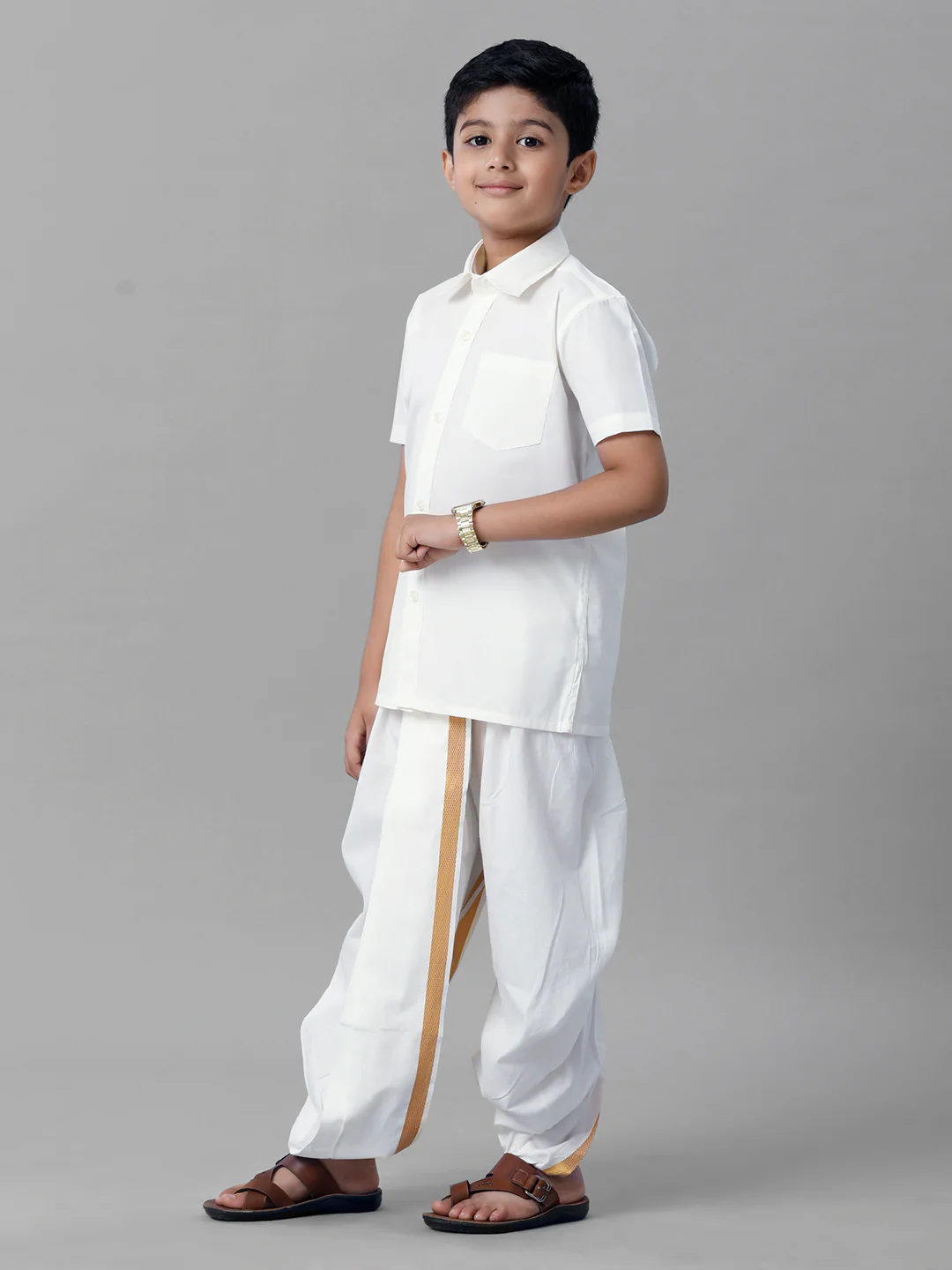 Boys Cotton White Half Sleeves Shirt Panchakacham Combo - Image 3