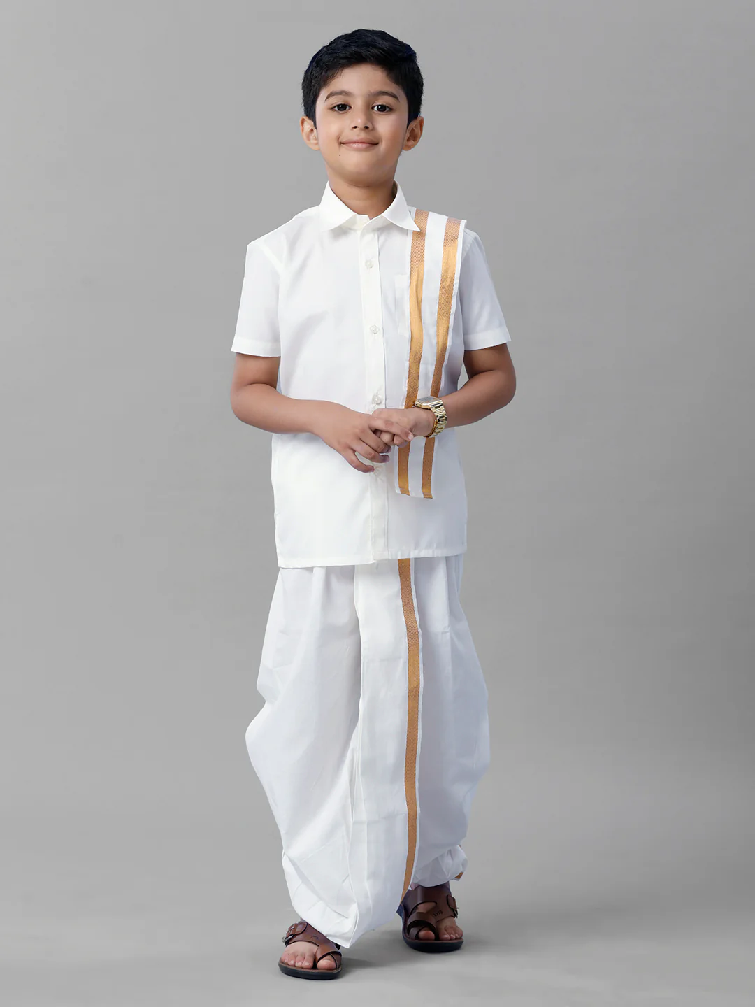 Boys Cotton White Half Sleeves Shirt Panchakacham Towel Combo - Image 2