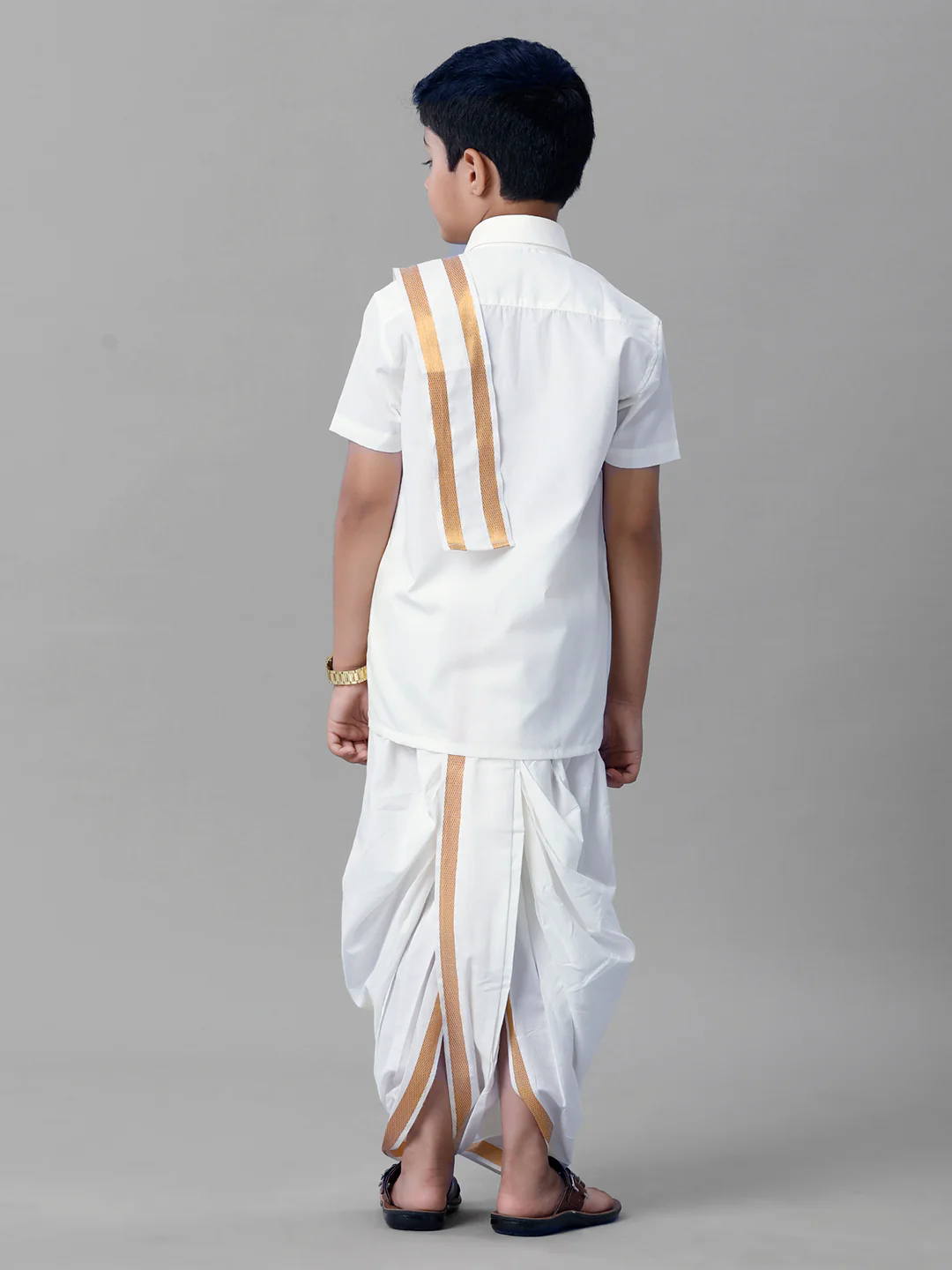 Boys Cotton White Half Sleeves Shirt Panchakacham Towel Combo - Image 3