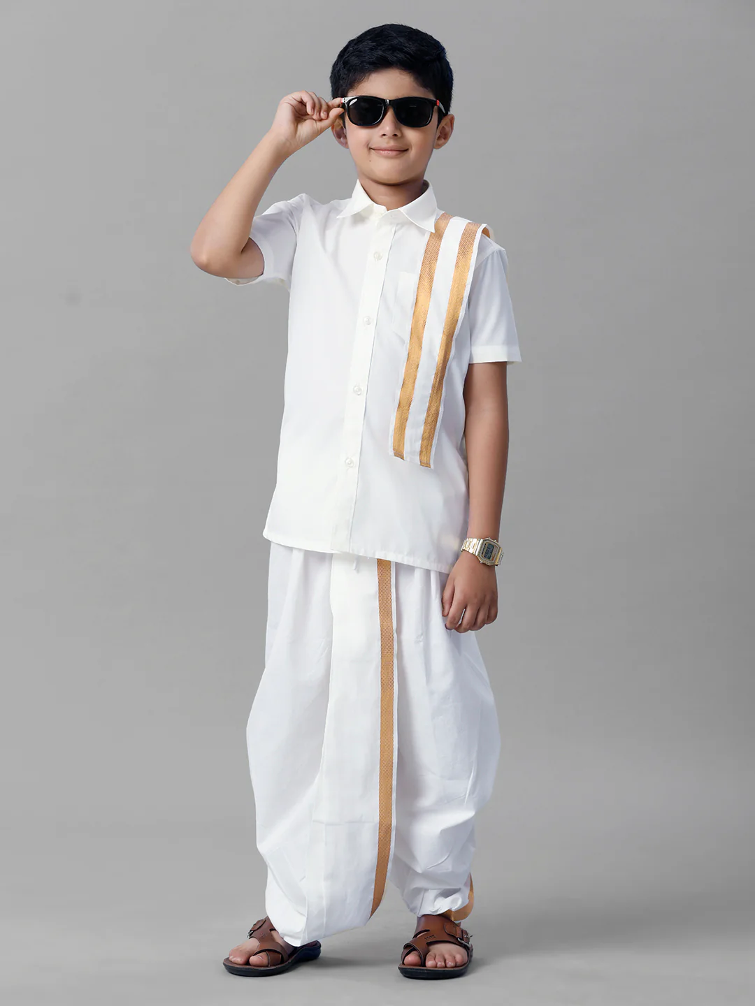 Boys Cotton White Half Sleeves Shirt Panchakacham Towel Combo - Image 5