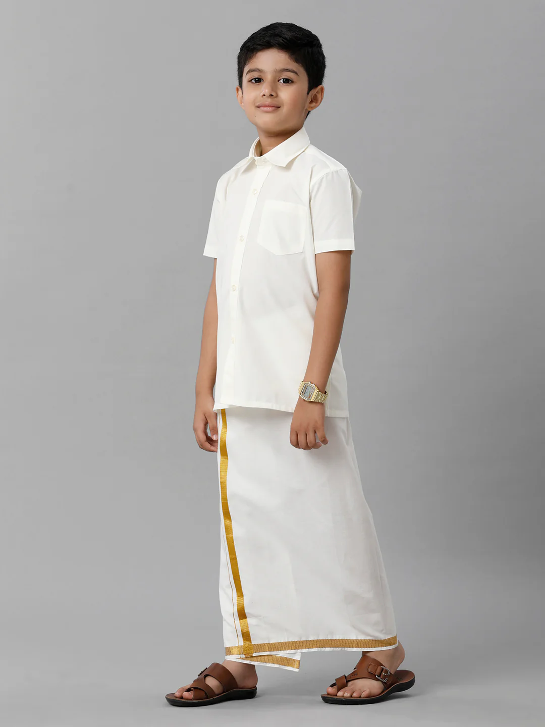 Boys Cream Half Sleeve Shirt with Dhoti Set - Image 3