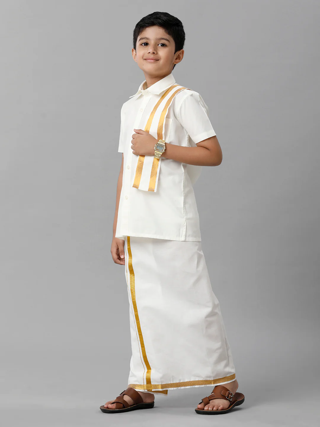 Boys Cream Half Sleeves Shirt Dhoti with Towel Set - Image 3
