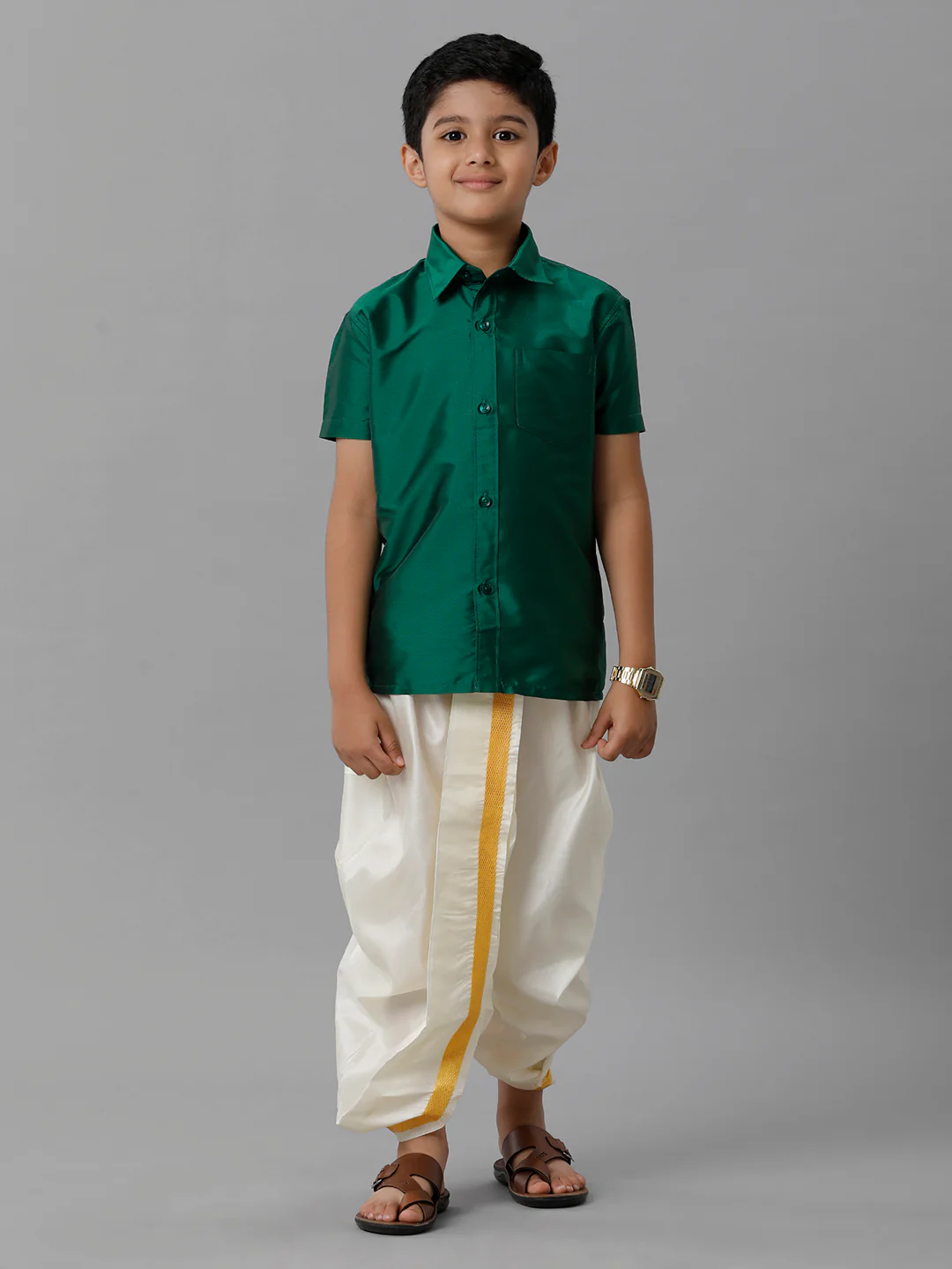 Boys Dark Green Half Sleeves Shirt with Cream Panchakacham Set K9 - Image 2