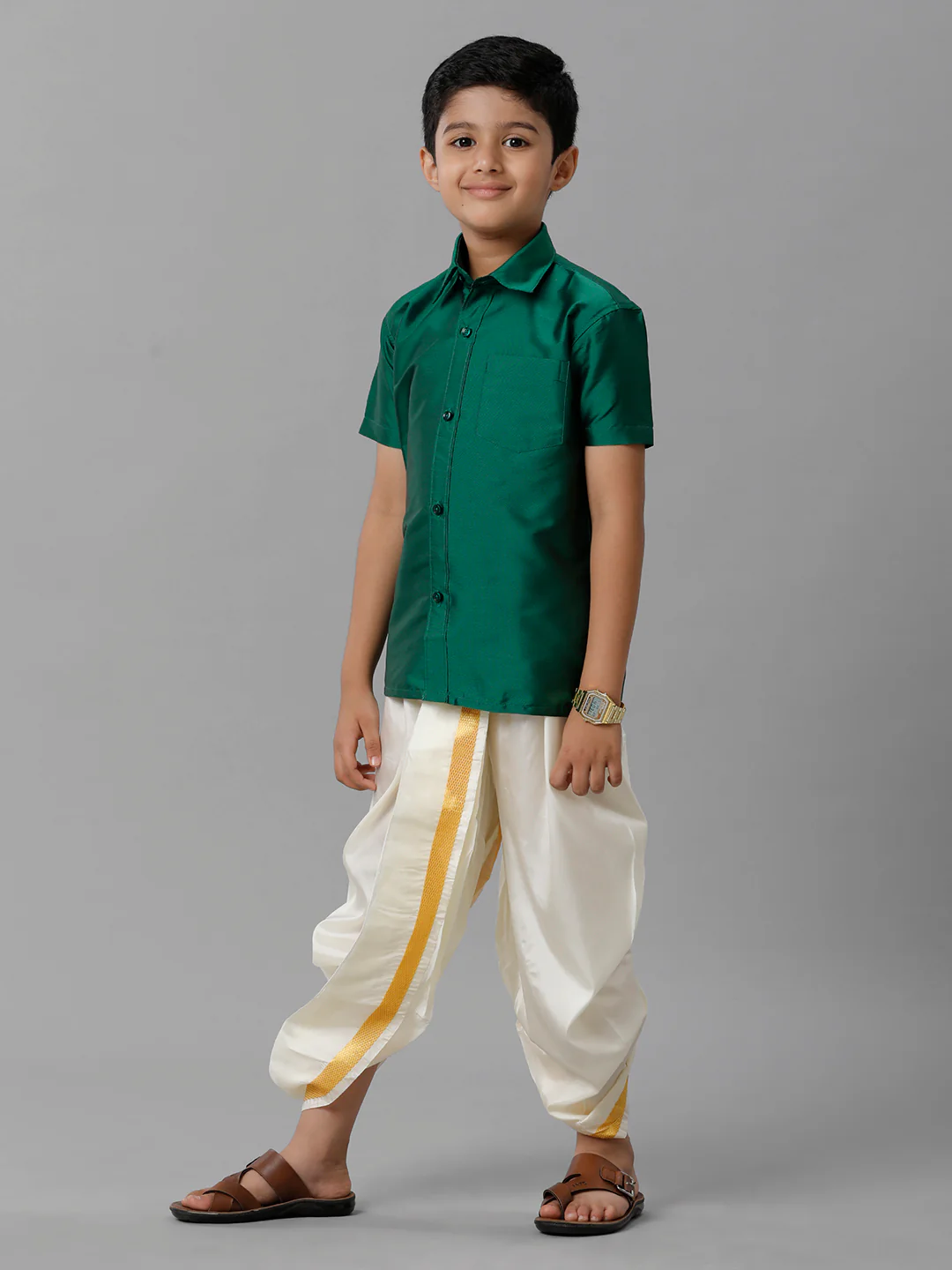Boys Dark Green Half Sleeves Shirt with Cream Panchakacham Set K9 - Image 3