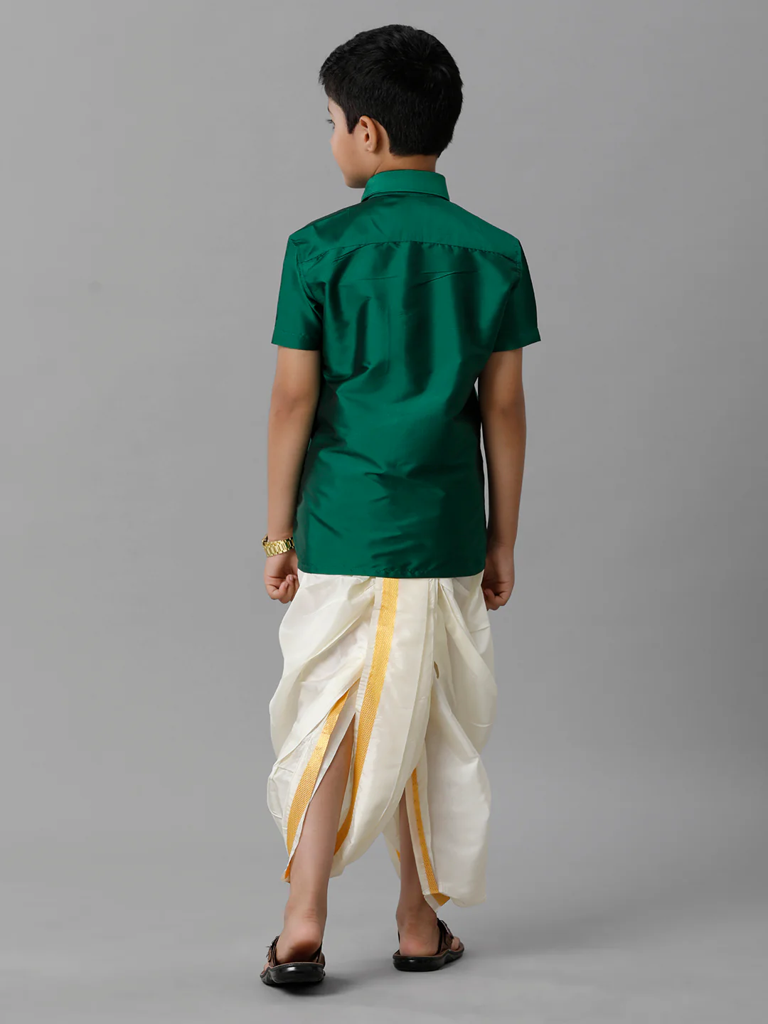 Boys Dark Green Half Sleeves Shirt with Cream Panchakacham Set K9 - Image 4