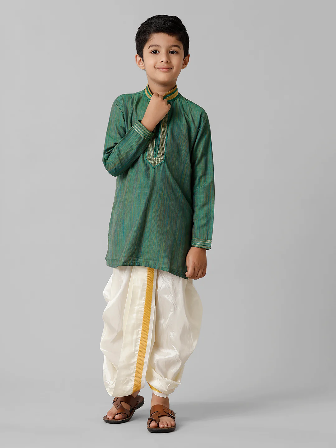 Boys Dark Green Kurta with Cream Art Silk Panchakacham Combo EMD7 - Image 2