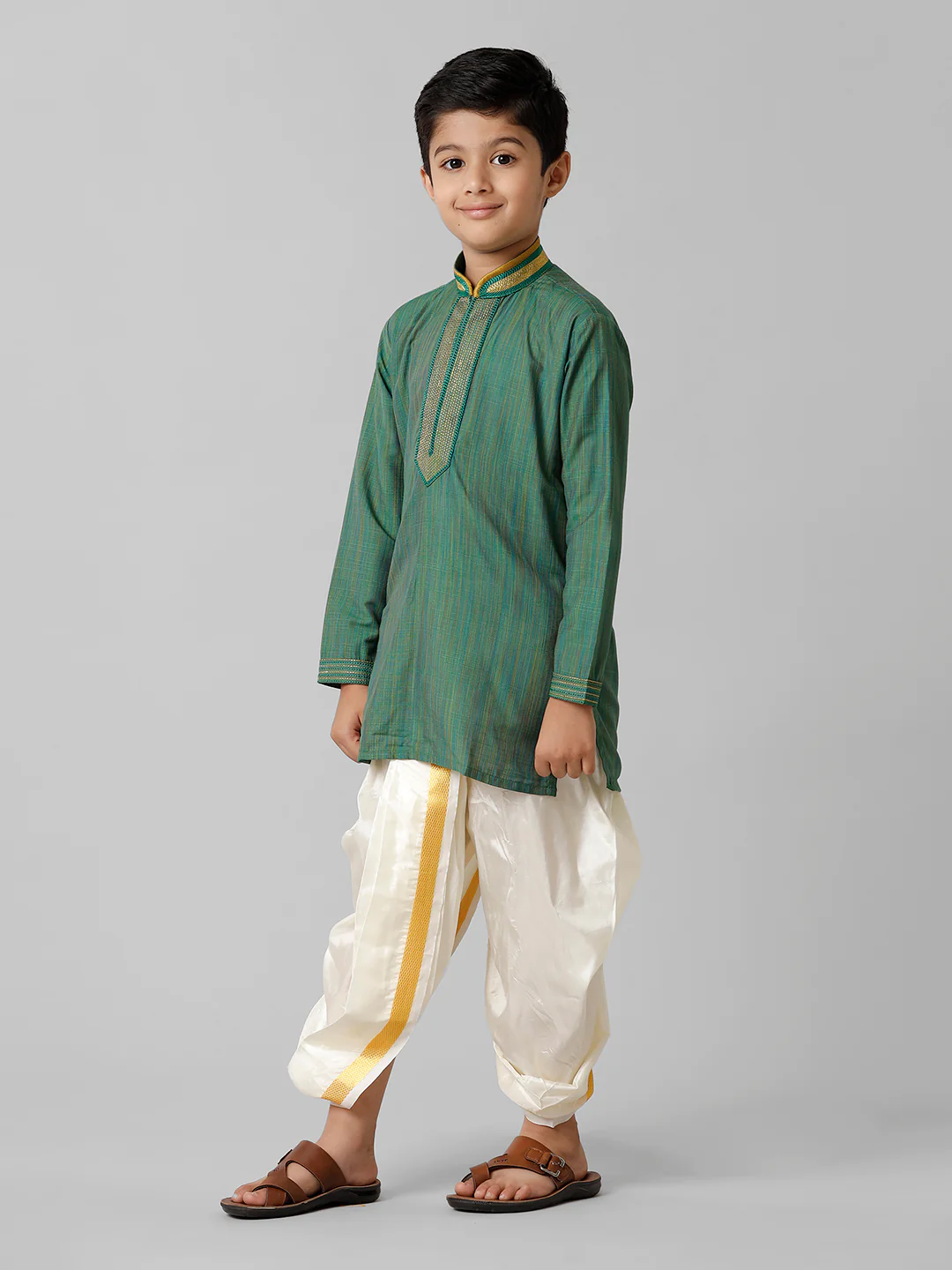 Boys Dark Green Kurta with Cream Art Silk Panchakacham Combo EMD7 - Image 3