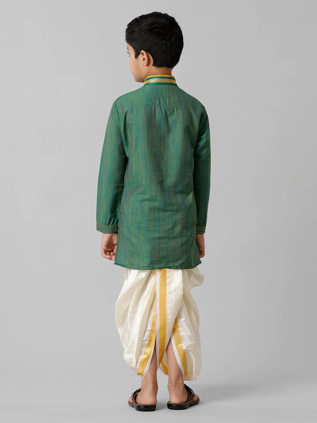 Boys Dark Green Kurta with Cream Art Silk Panchakacham Combo EMD7 - Image 4