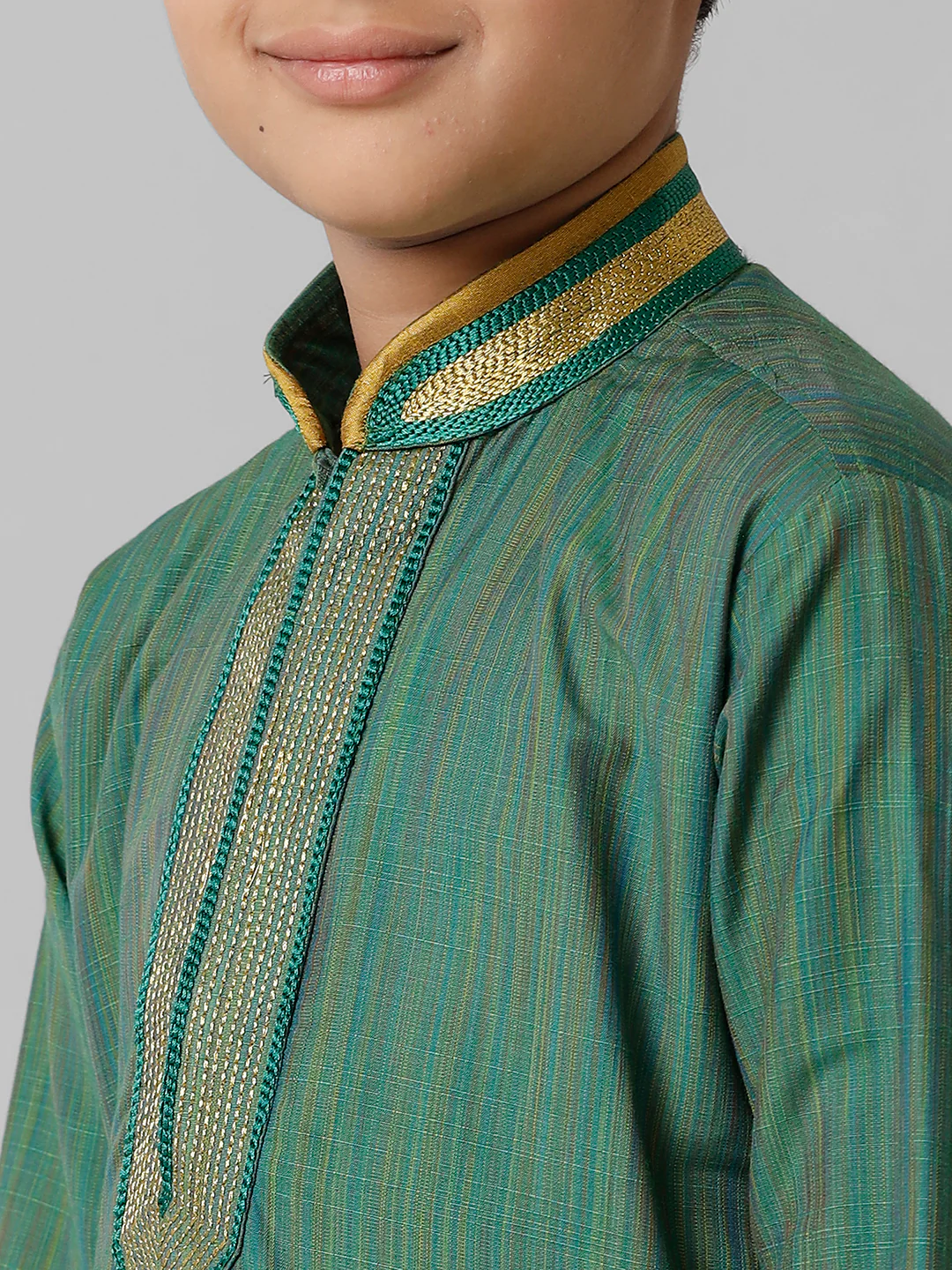 Boys Dark Green Kurta with Cream Art Silk Panchakacham Combo EMD7 - Image 5