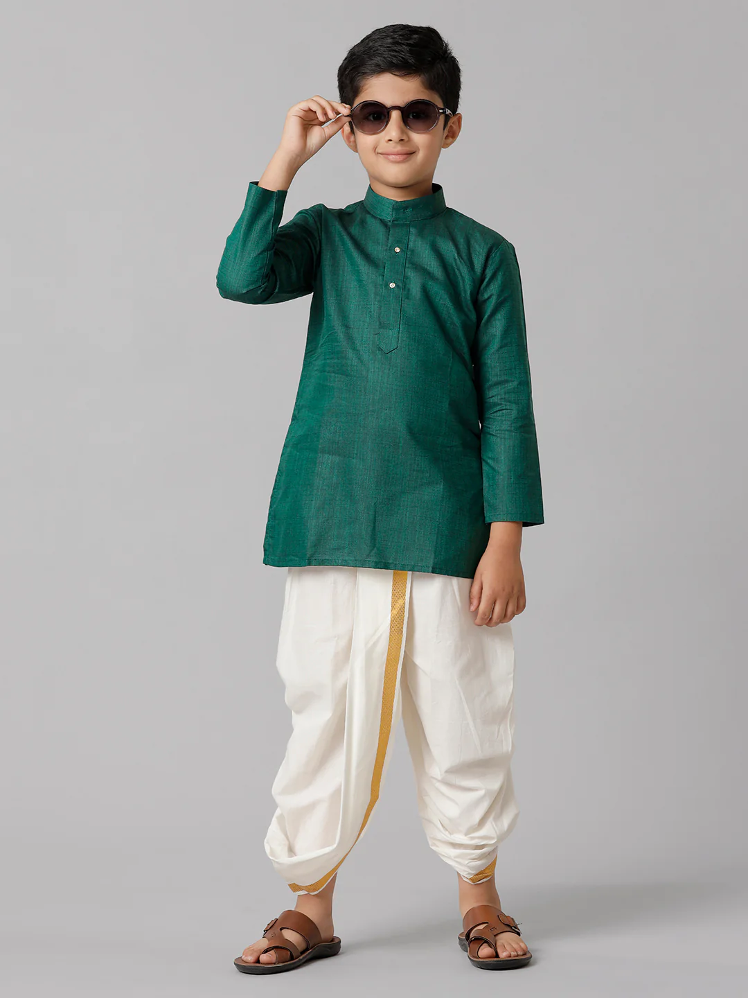 Boys Dark Green Kurta with Cream Elastic Panchakacham Towel Set FS5 - Image 2