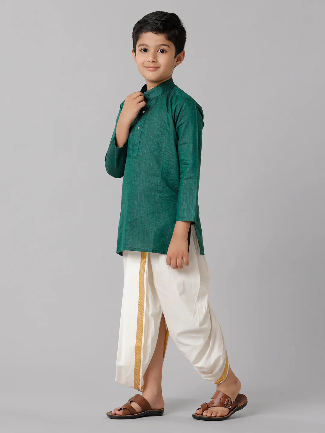 Boys Dark Green Kurta with Cream Elastic Panchakacham Towel Set FS5 - Image 3