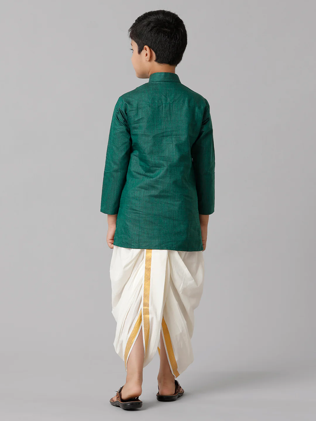 Boys Dark Green Kurta with Cream Elastic Panchakacham Towel Set FS5 - Image 4