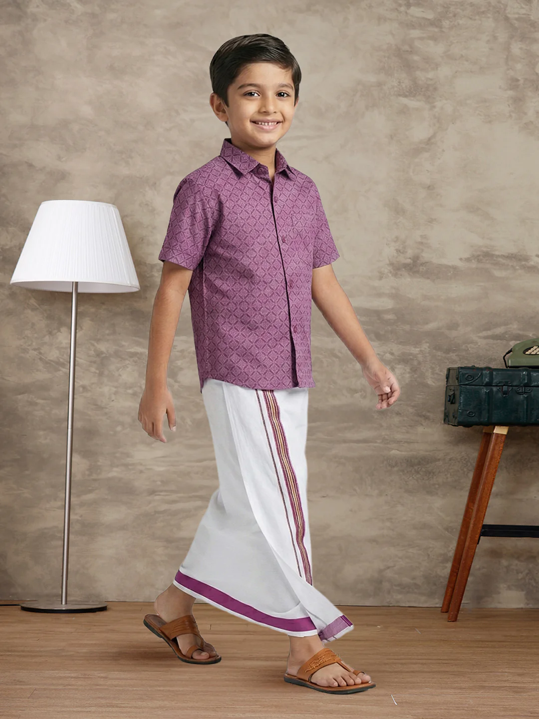 Boys Dark Magenta Matching Border Dhoti With Printed Shirt Set Fusion PS28 - Image 2
