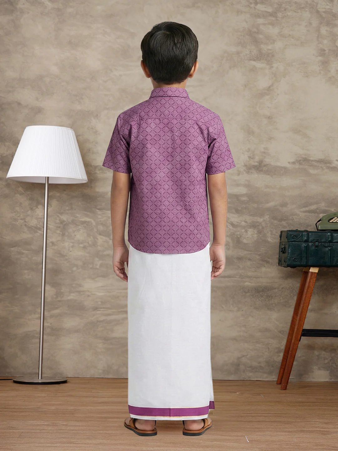 Boys Dark Magenta Matching Border Dhoti With Printed Shirt Set Fusion PS28 - Image 4