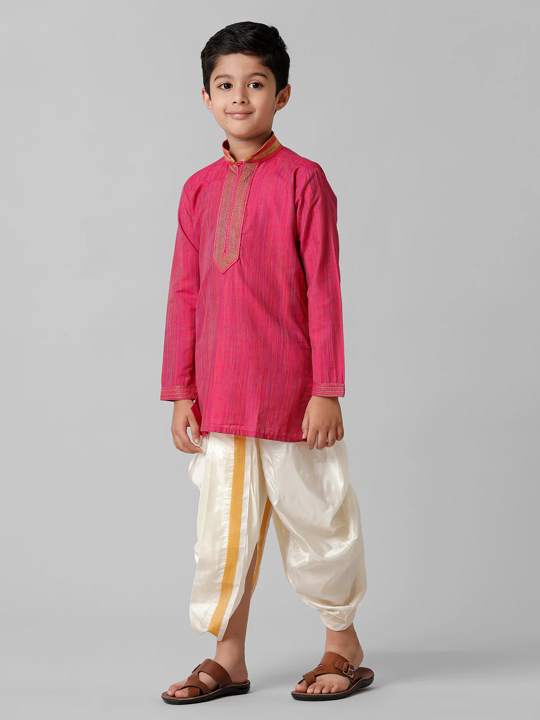 Boys Dark Pink Kurta with Cream Art Silk Panchakacham Combo EMD1 - Image 2