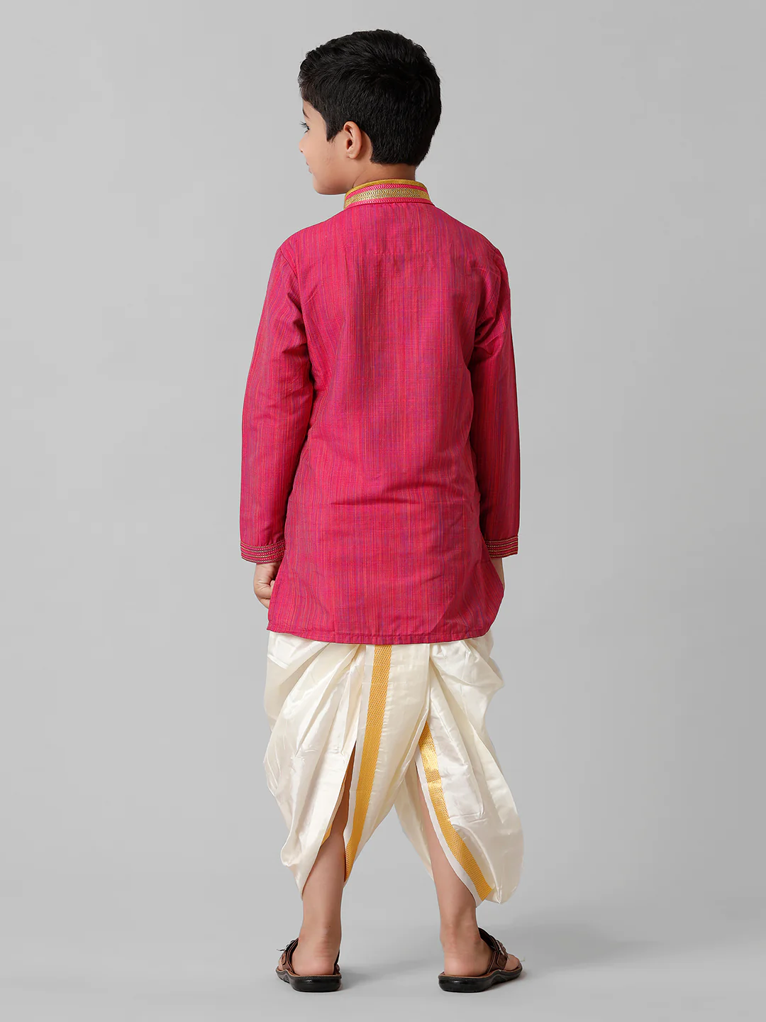 Boys Dark Pink Kurta with Cream Art Silk Panchakacham Combo EMD1 - Image 3