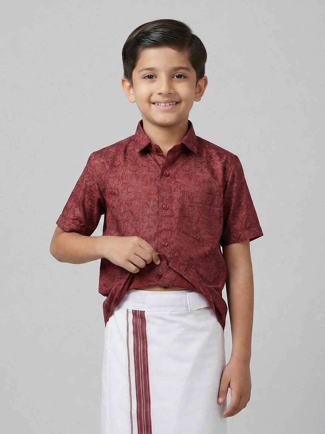 Boys Deep Red Matching Border Dhoti With Printed Shirt Set Fusion PS22 - Image 4