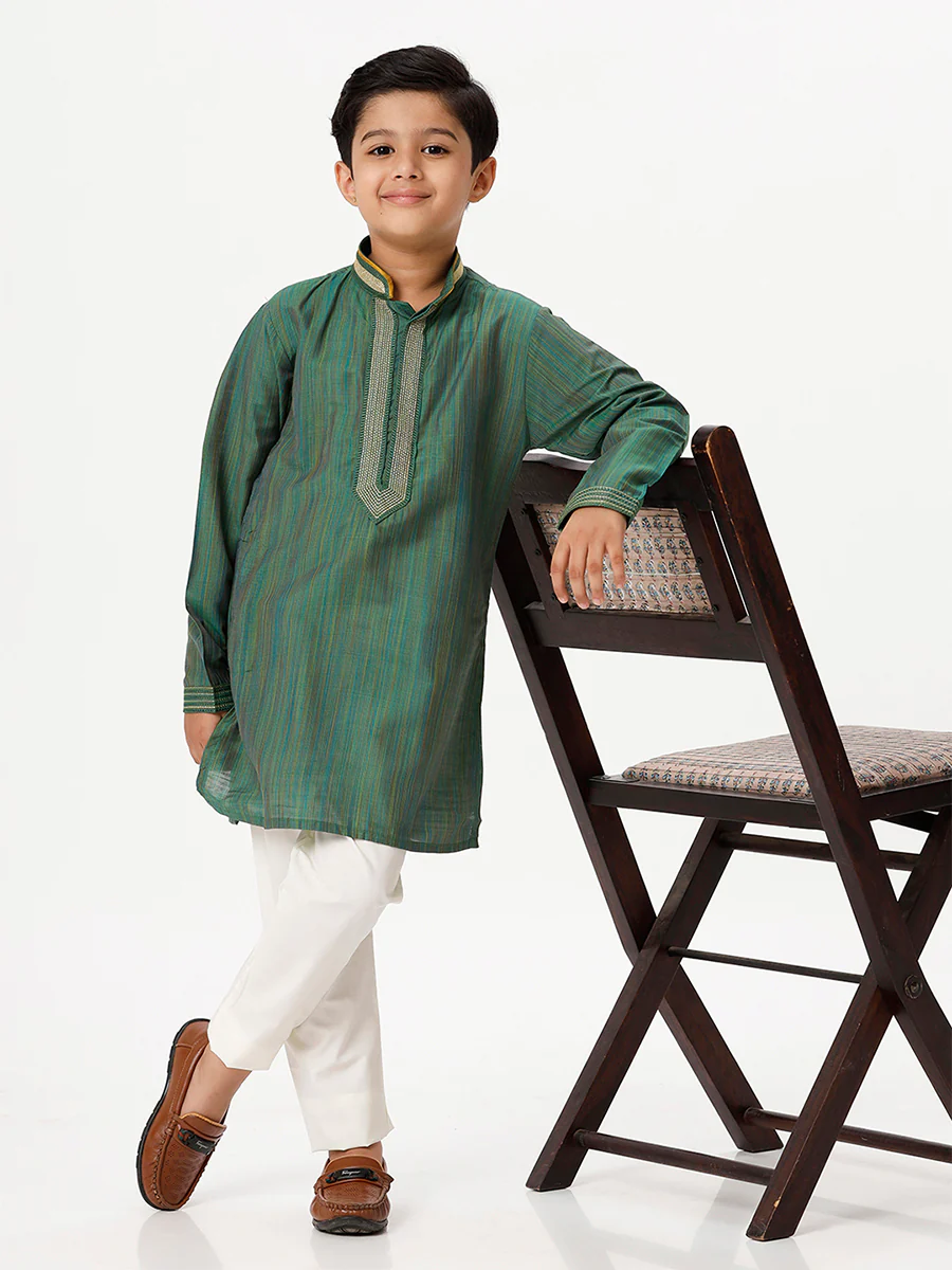 Boys Emerald Full Sleeves Dark Green Kurta - Image 5