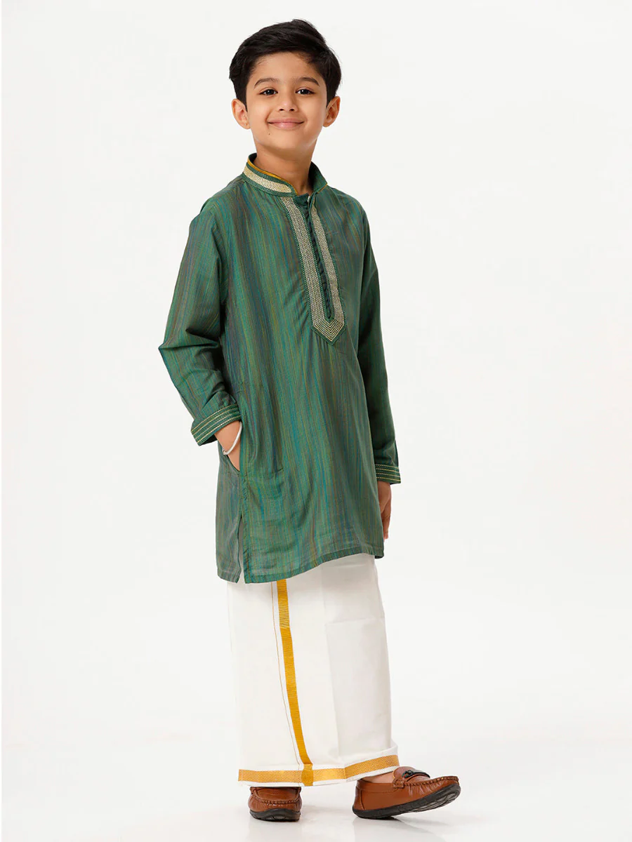 Boys Emerald Full Sleeves Dark Green Kurta with Dhoti Combo - Image 3