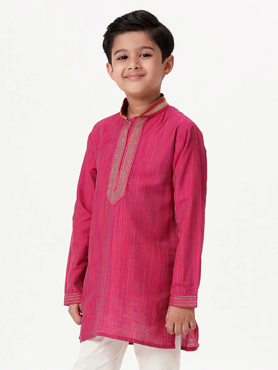 Boys Emerald Full Sleeves Dark Pink Kurta - Image 3