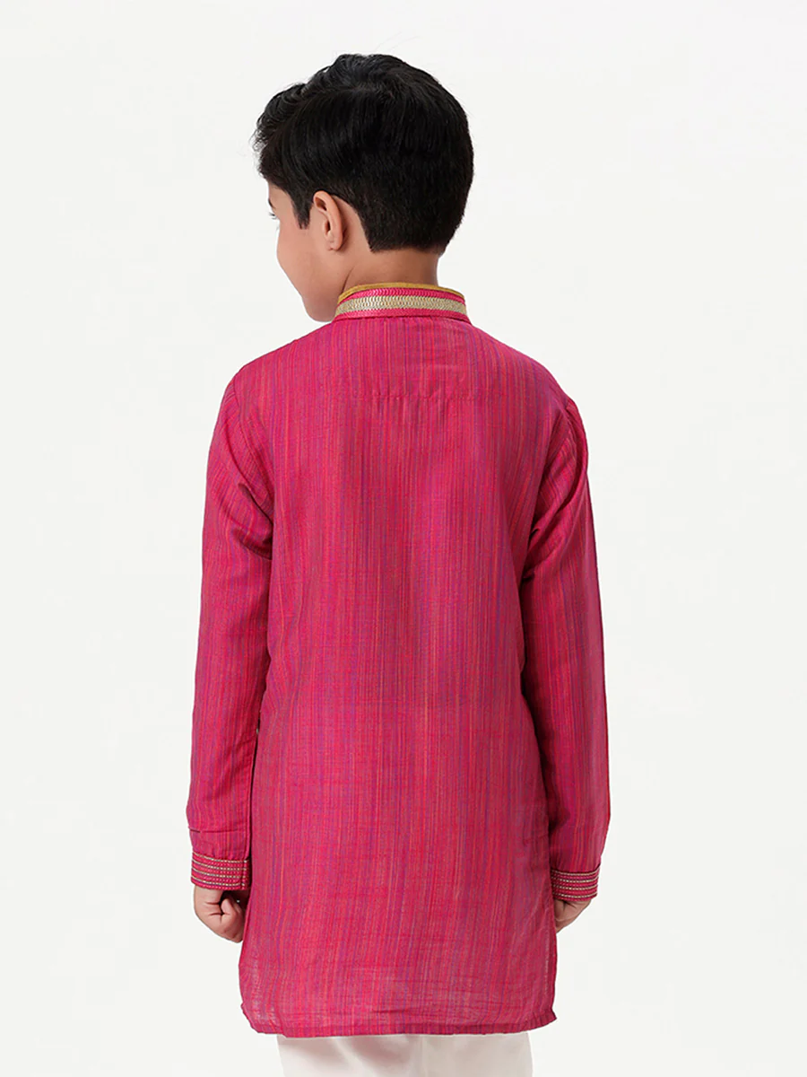 Boys Emerald Full Sleeves Dark Pink Kurta - Image 4