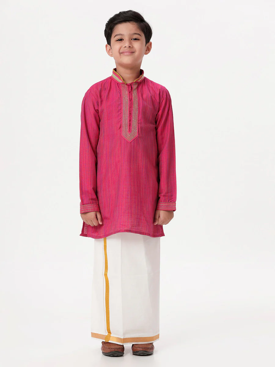 Boys Emerald Full Sleeves Dark Pink Kurta with Dhoti Combo - Image 2