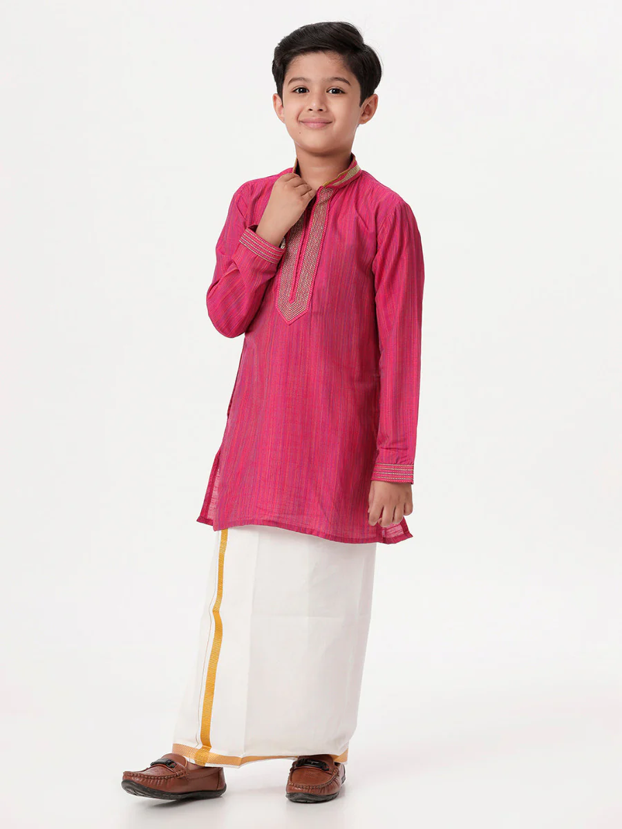 Boys Emerald Full Sleeves Dark Pink Kurta with Dhoti Combo - Image 3