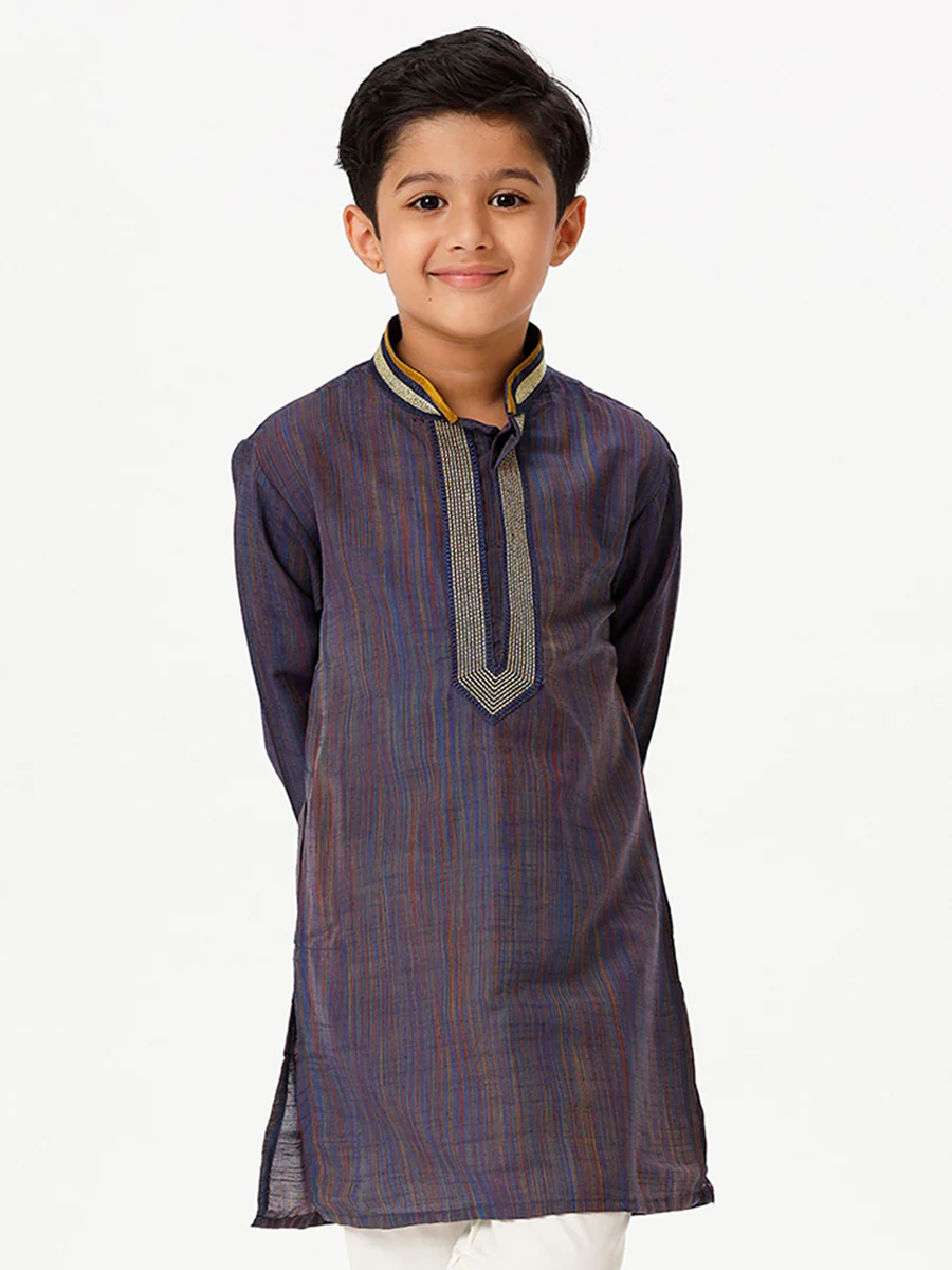 Boys Emerald Full Sleeves Navy Blue Kurta - Image 3
