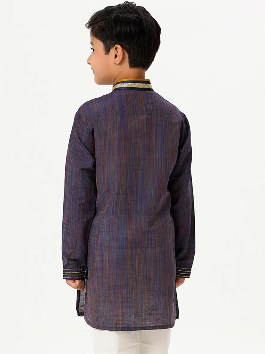 Boys Emerald Full Sleeves Navy Blue Kurta - Image 4