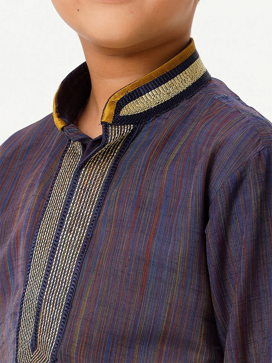 Boys Emerald Full Sleeves Navy Blue Kurta - Image 5