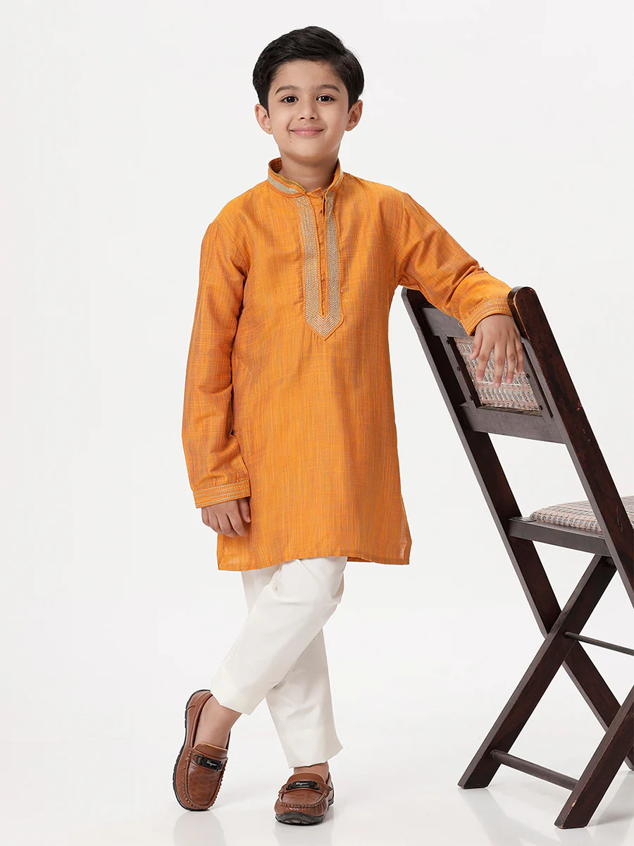 Boys Emerald Full Sleeves Orange Kurta - Image 5