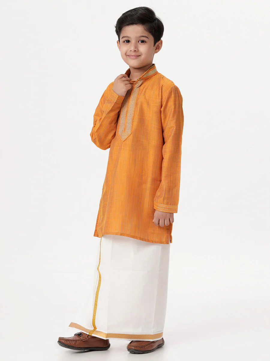 Boys Emerald Full Sleeves Orange Kurta with Dhoti Combo - Image 3