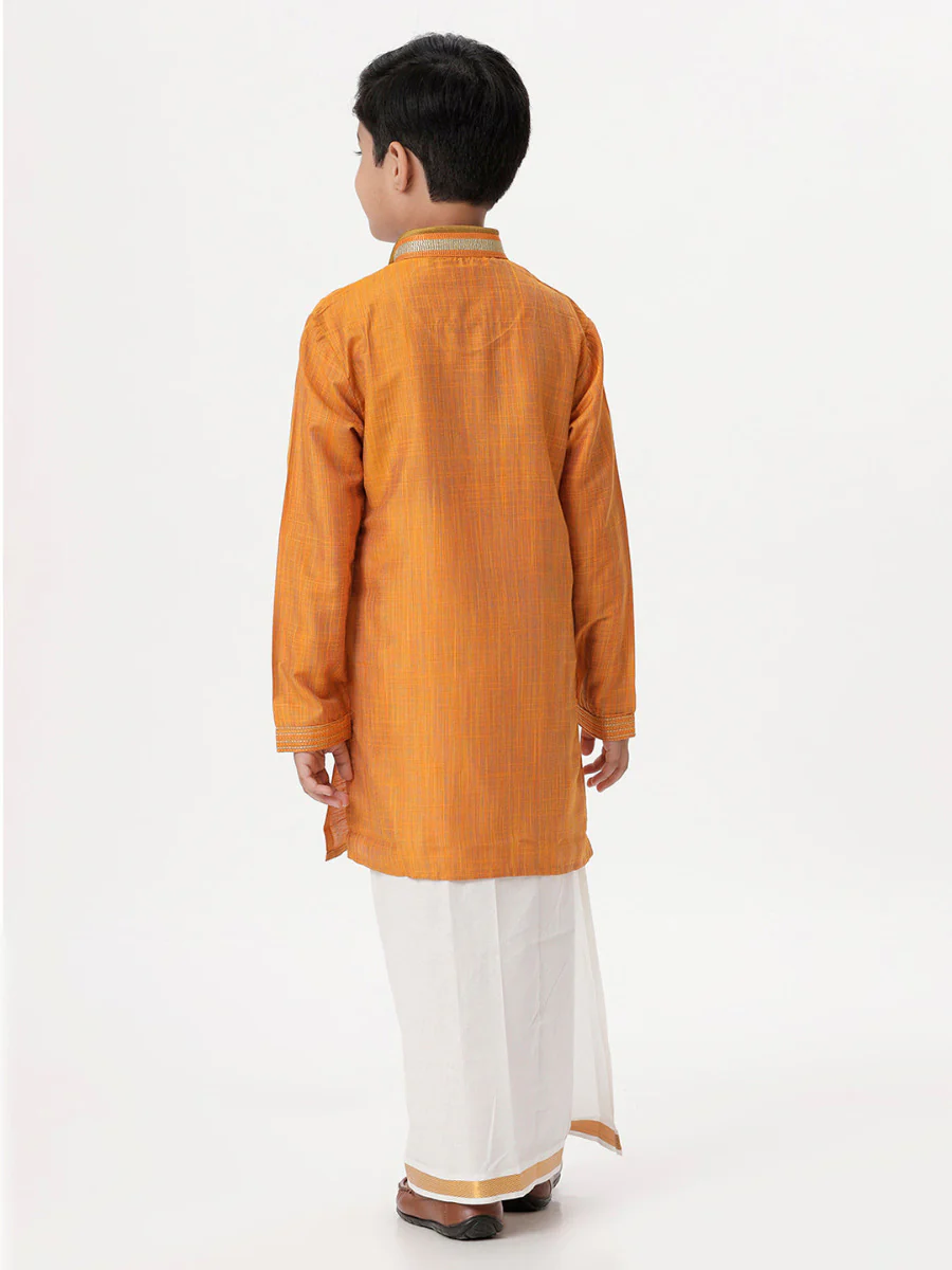 Boys Emerald Full Sleeves Orange Kurta with Dhoti Combo - Image 4