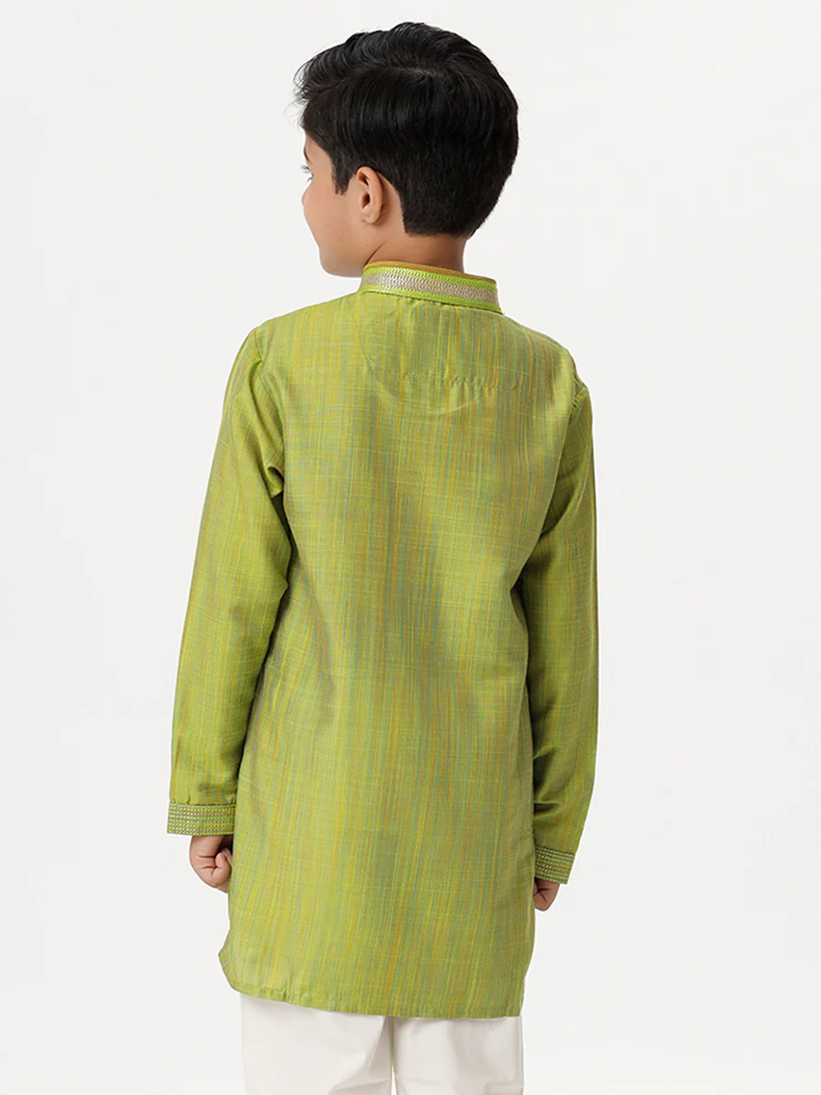 Boys Emerald Full Sleeves Parrot Green Kurta - Image 4
