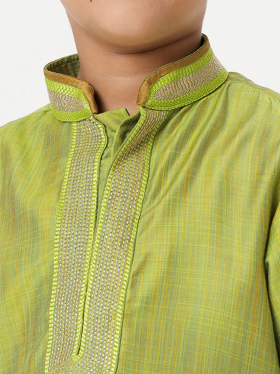 Boys Emerald Full Sleeves Parrot Green Kurta - Image 5