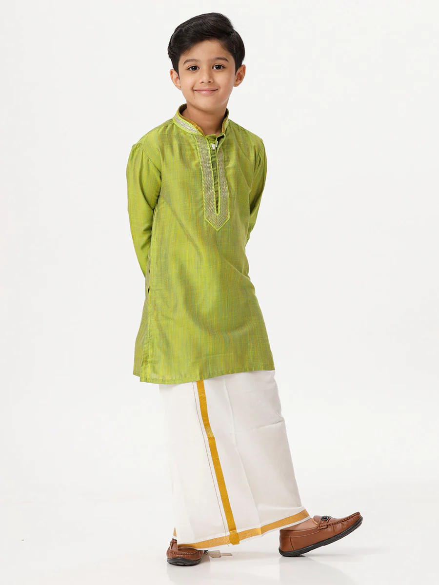 Boys Emerald Full Sleeves Parrot Green Kurta with Dhoti Combo - Image 3