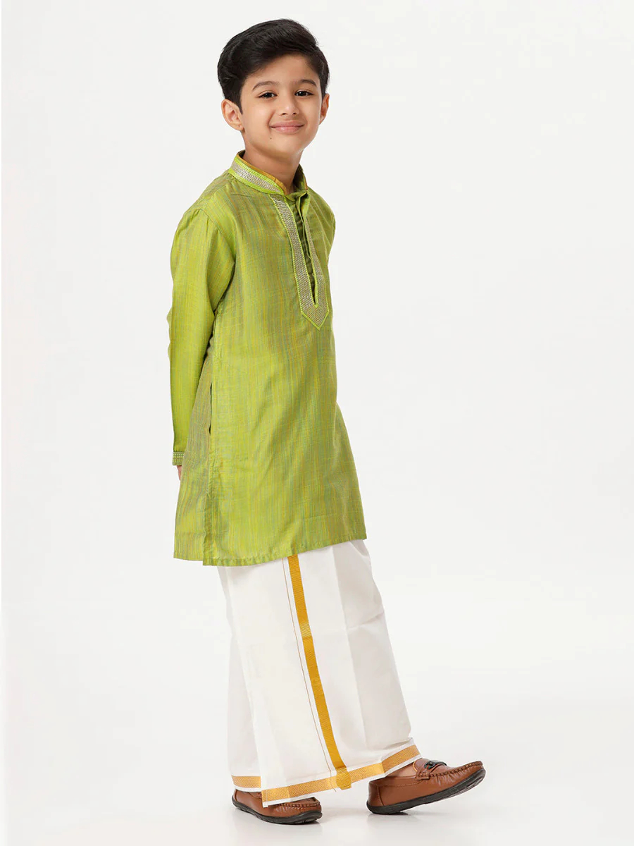 Boys Emerald Full Sleeves Parrot Green Kurta with Dhoti Combo - Image 4