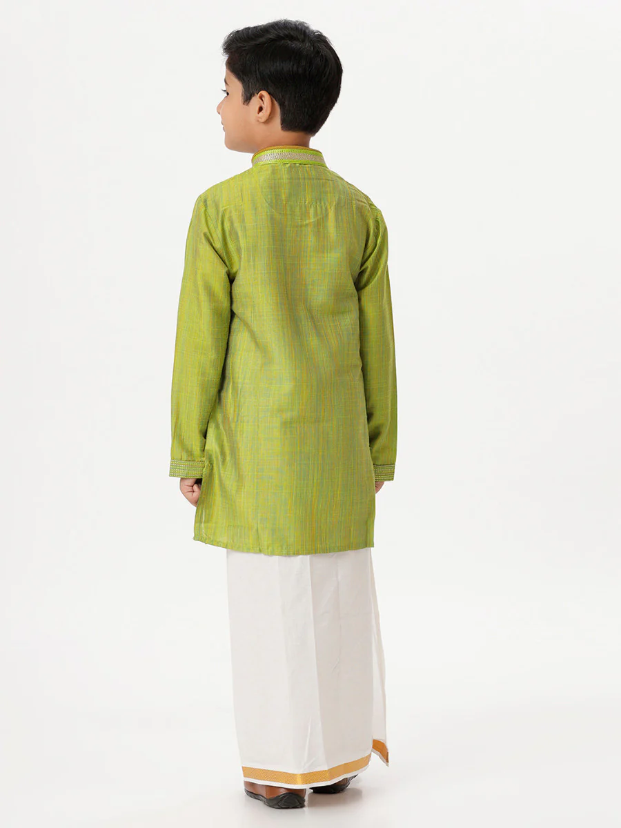 Boys Emerald Full Sleeves Parrot Green Kurta with Dhoti Combo - Image 5