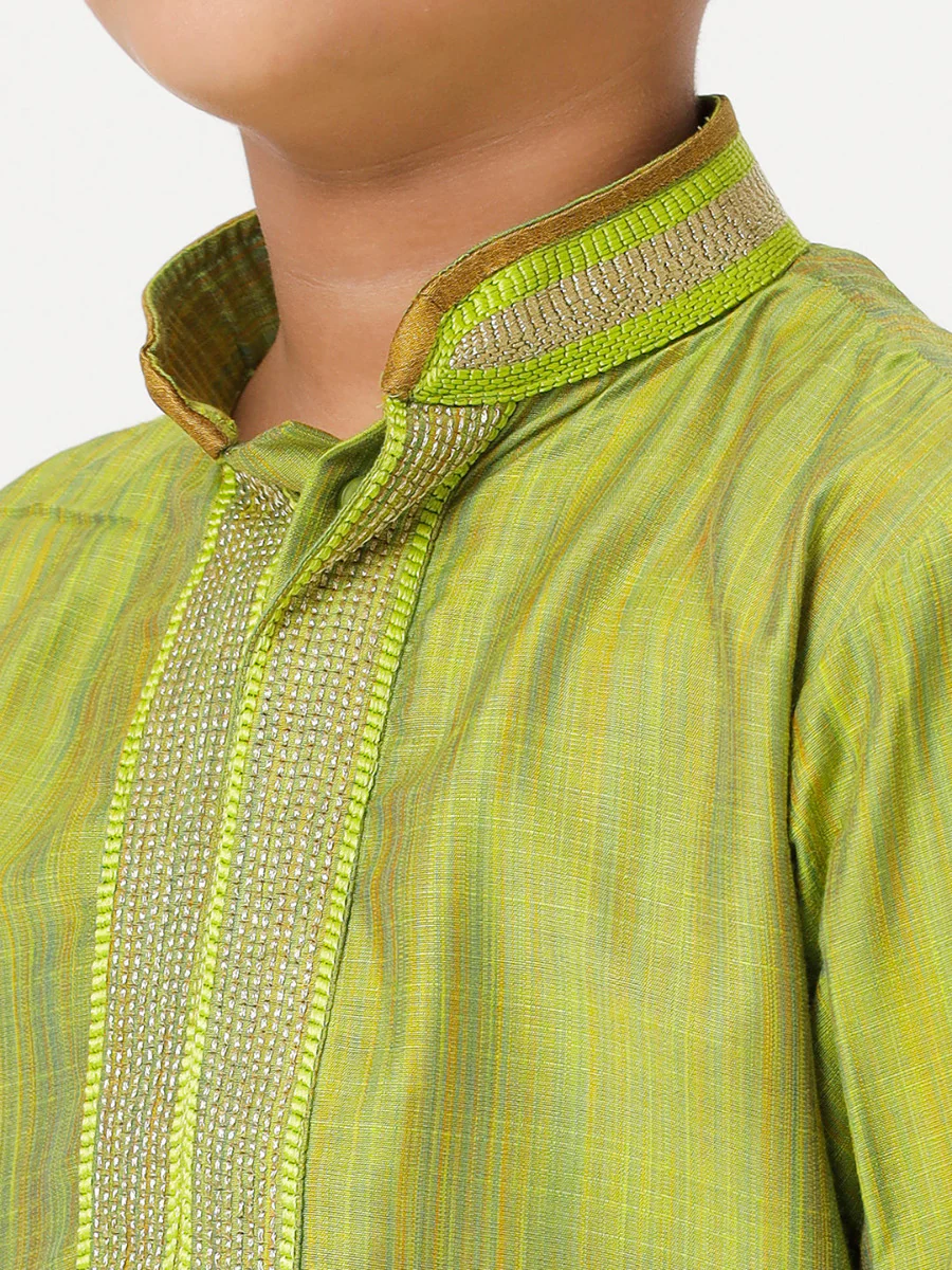 Boys Emerald Full Sleeves Parrot Green Kurta with Dhoti Combo - Image 6