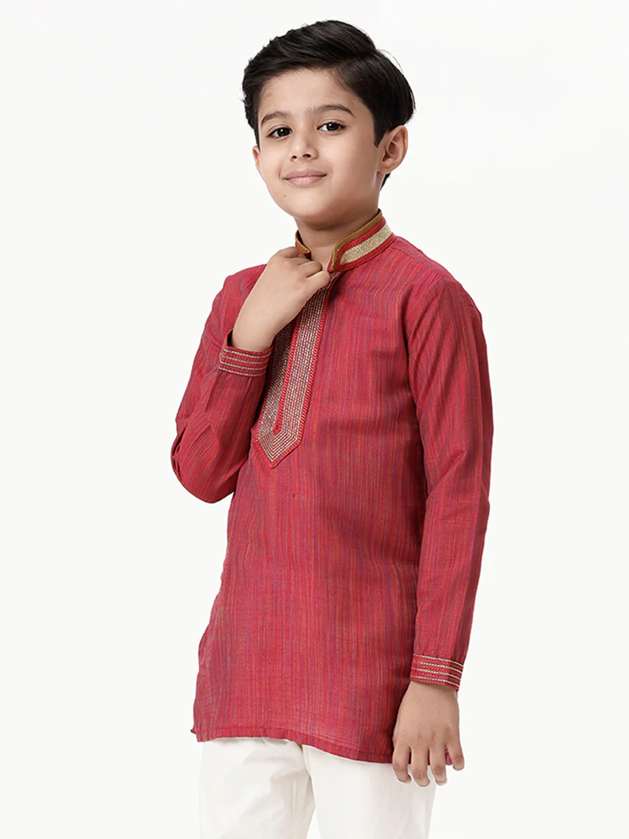 Boys Emerald Full Sleeves Red Kurta - Image 2