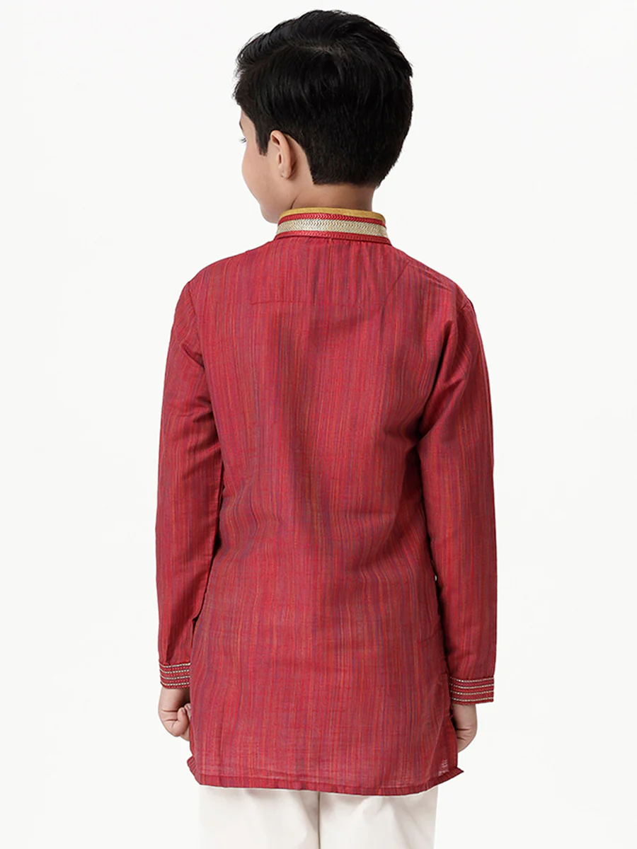 Boys Emerald Full Sleeves Red Kurta - Image 3